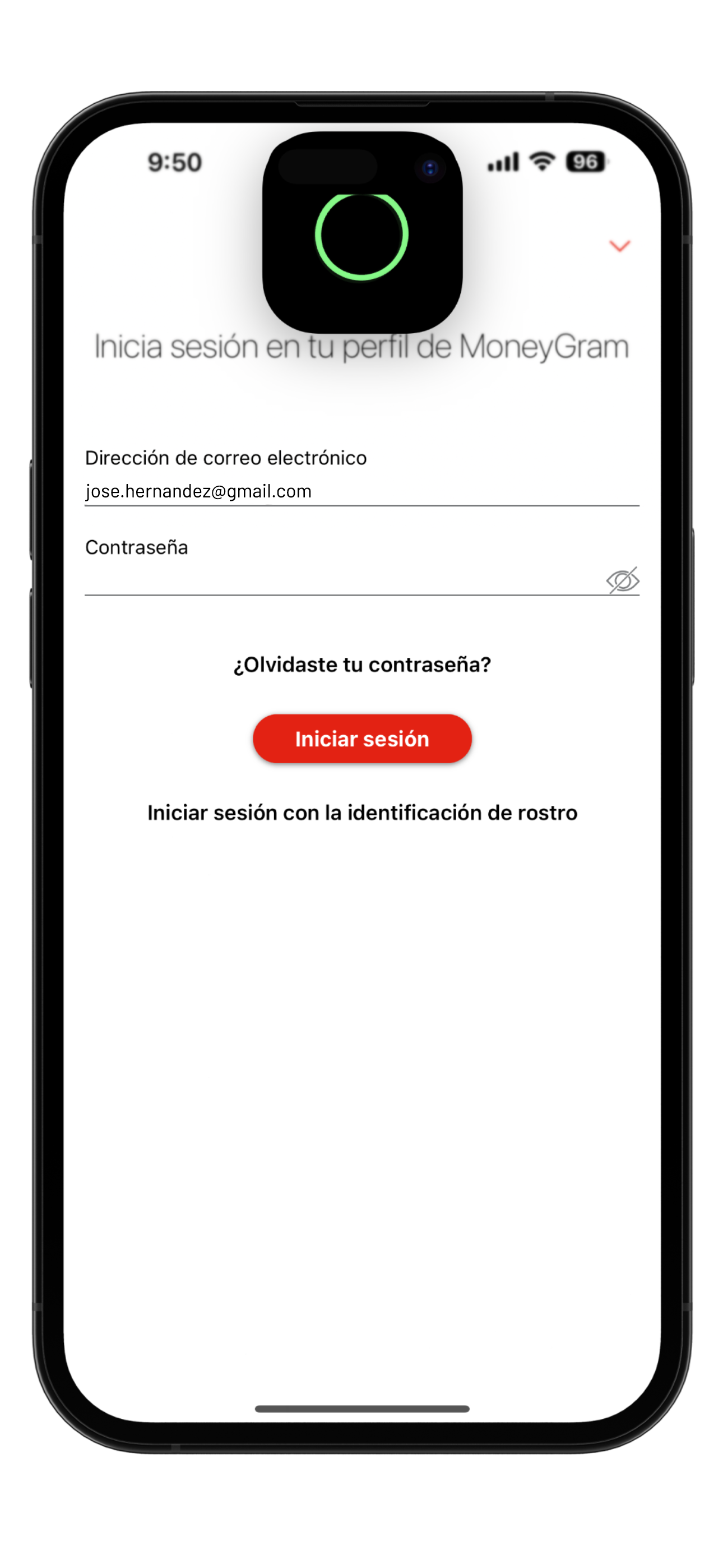 Pantalla de inicio de sesión de MoneyGram Money Transfer App