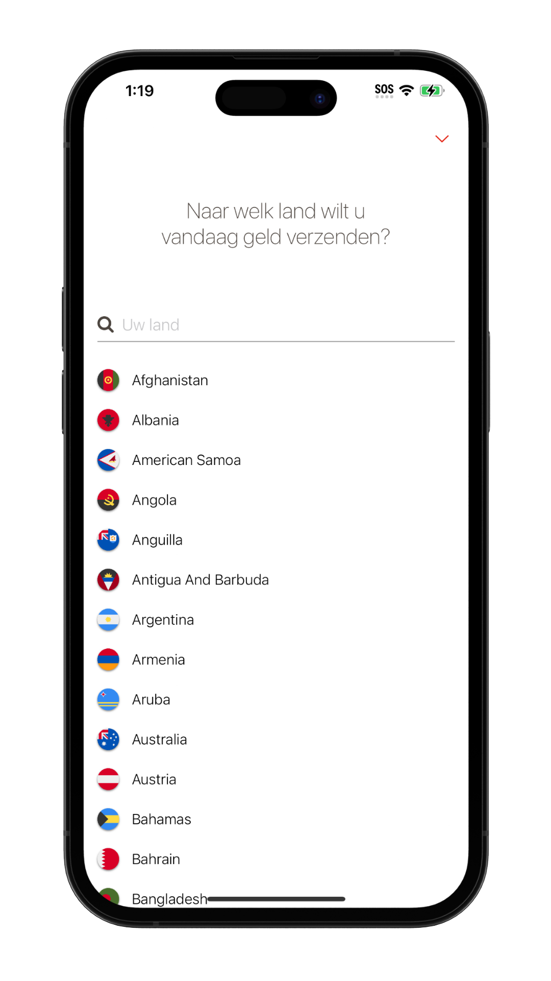 MoneyGram-app selecteer Verzenden naar landafbeelding