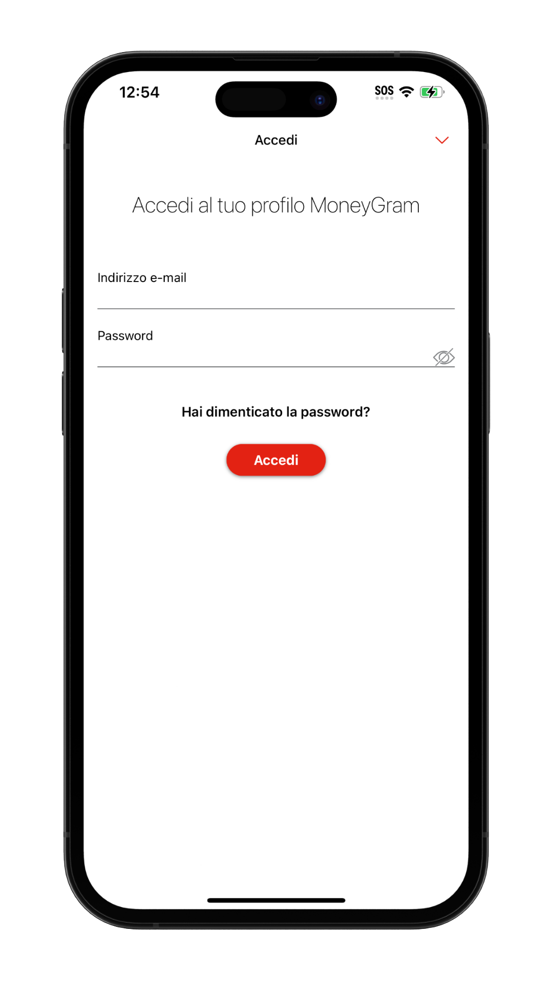 Schermata di accesso dell'app MoneyGram Money Transfer