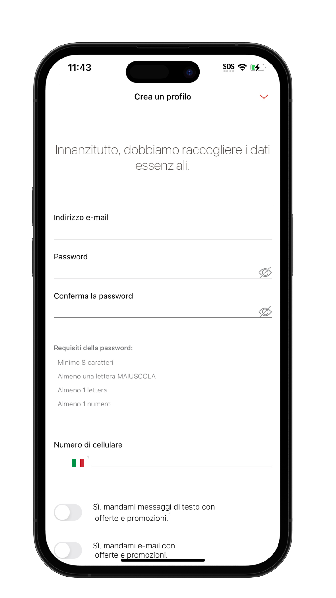 Inserisci le informazioni per creare un'immagine dello schermo mobile del profilo