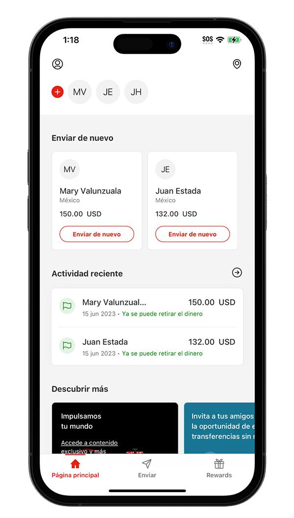 Enviar transferencias de dinero en la pantalla de la aplicación MoneyGram