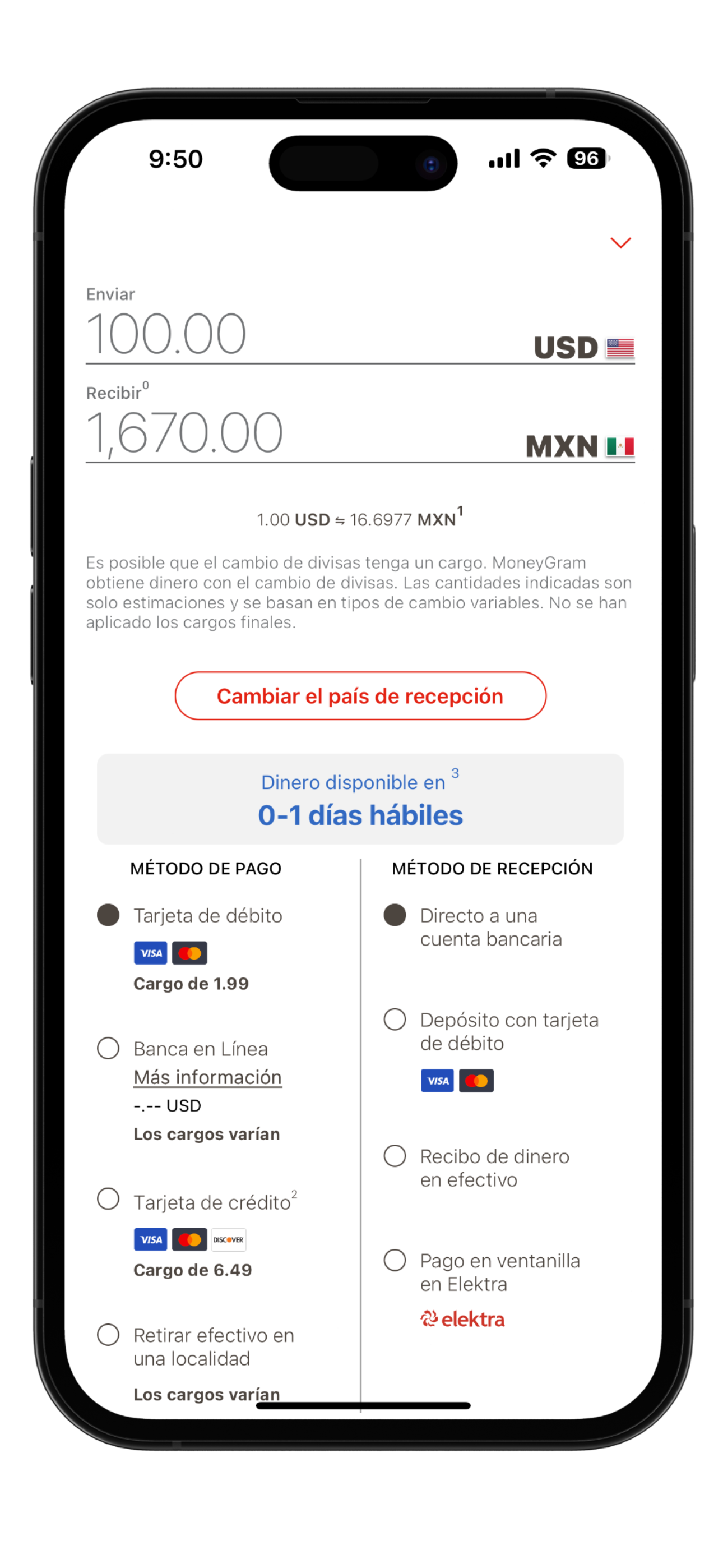 Pantalla de la aplicación MoneyGram Money Transfer para ingresar el monto y enviar