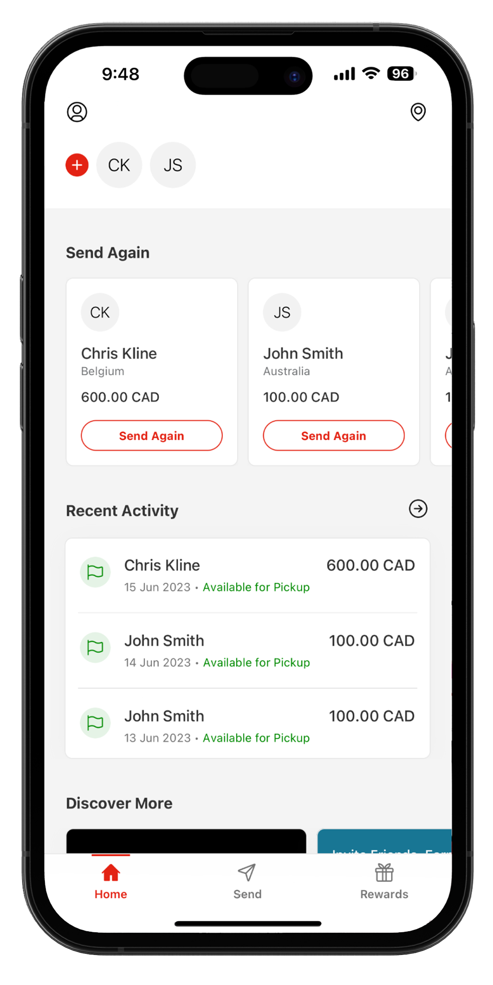 Send money transfers on MoneyGram App screen