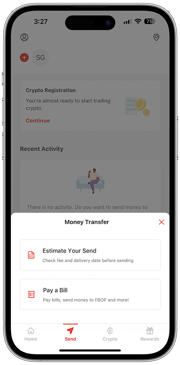 MoneyGram App Screen Featuring Pay Bills Card