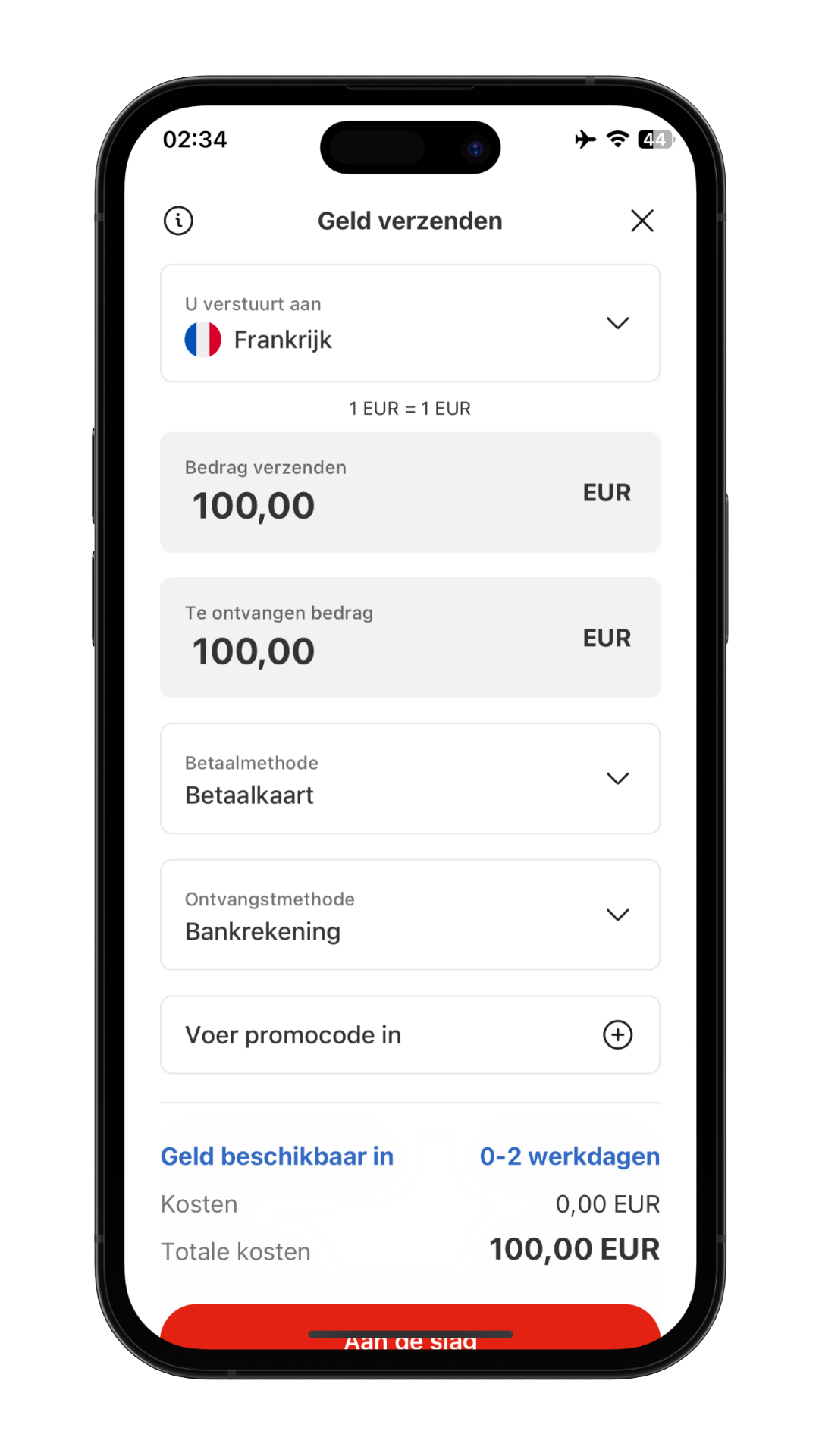 MoneyGram Money Transfer App-scherm om het bedrag in te voeren en te verzenden