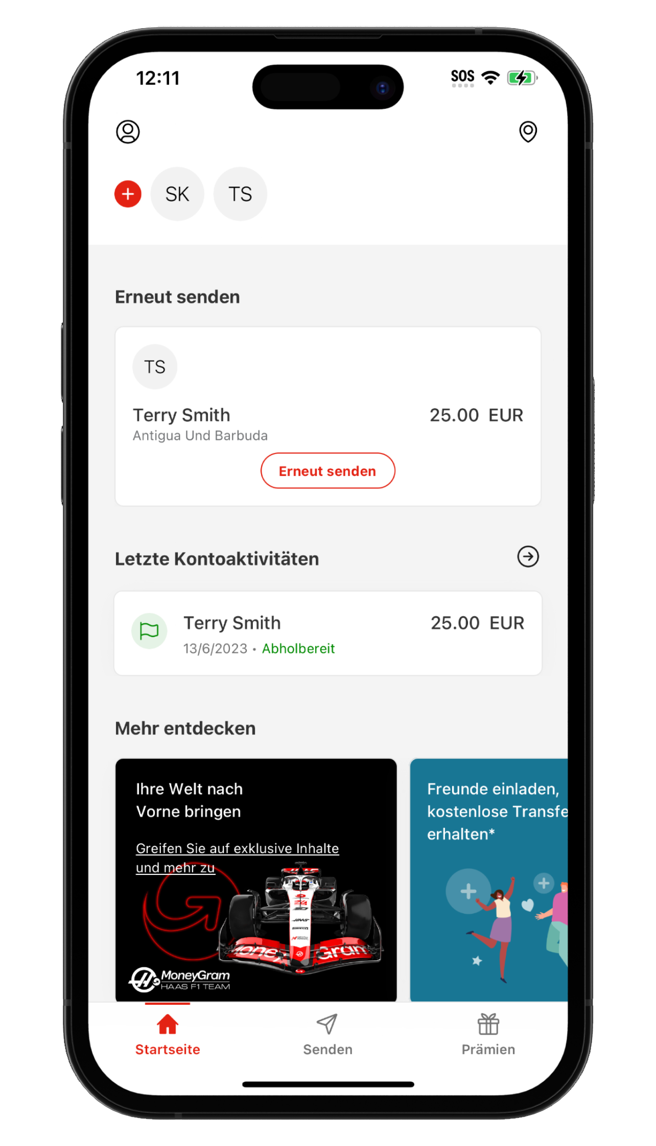 Bild eines Mobiltelefons mit der MoneyGram-Geldtransfer-App