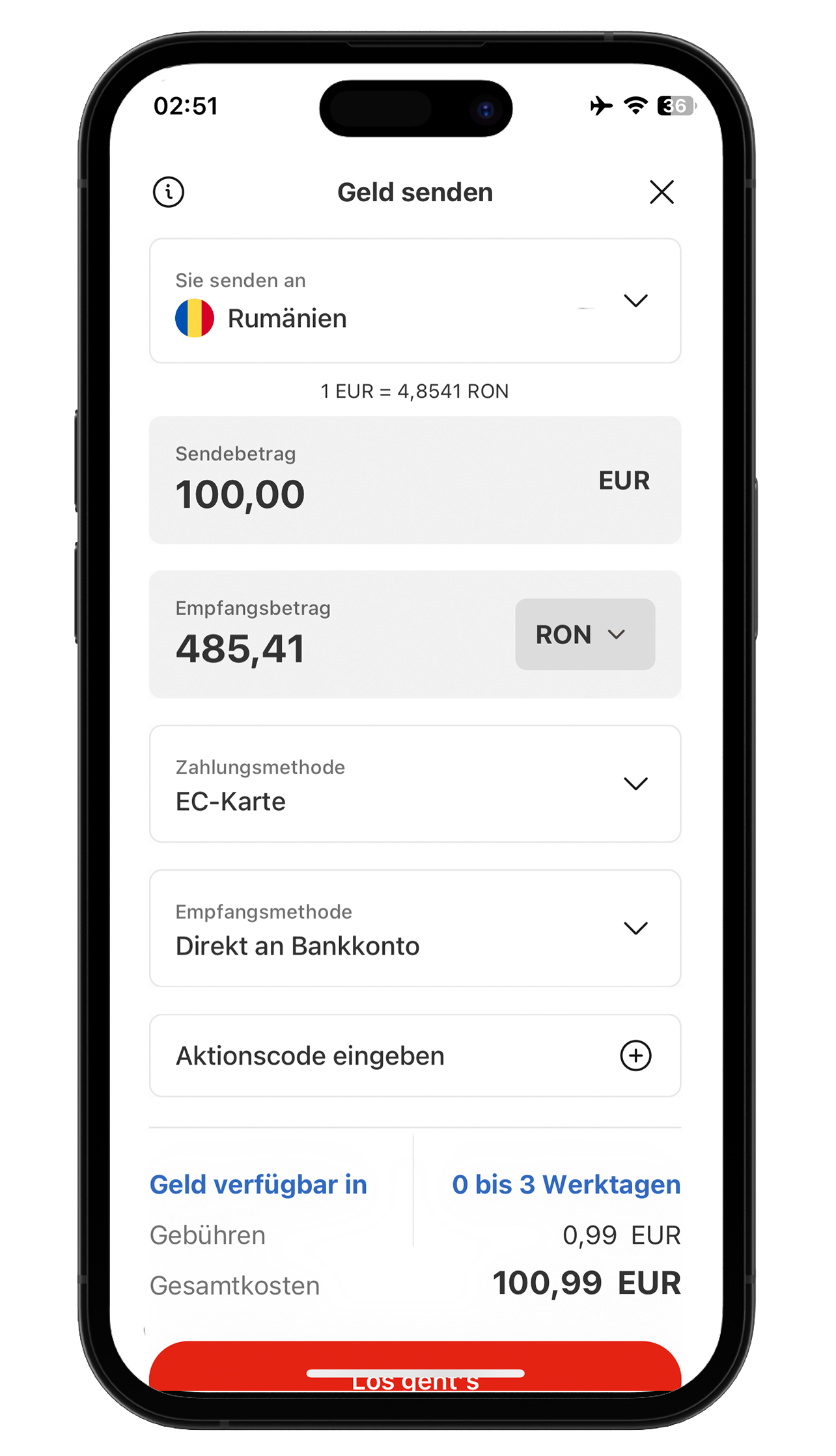 Bildschirm der MoneyGram-Geldtransfer-App zur Eingabe des Betrags und zum Senden