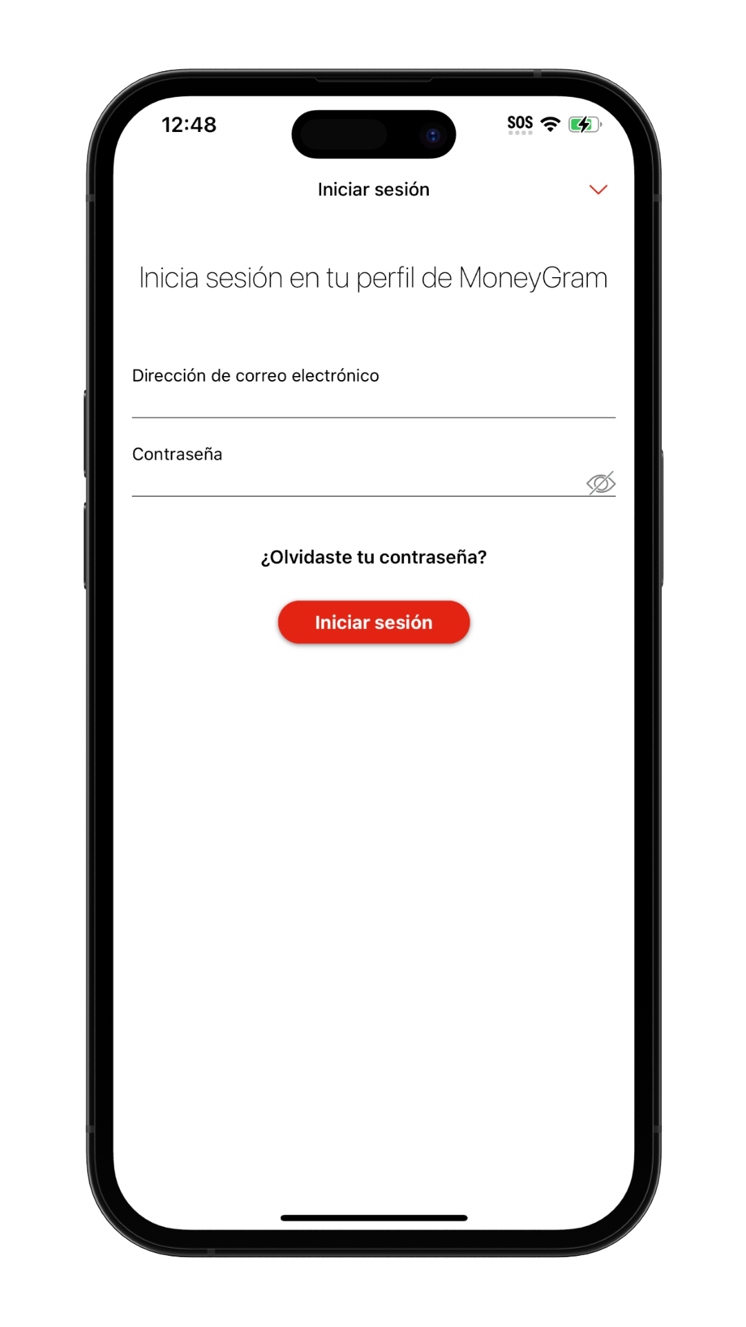 MoneyGram Money Transfer App log in screen