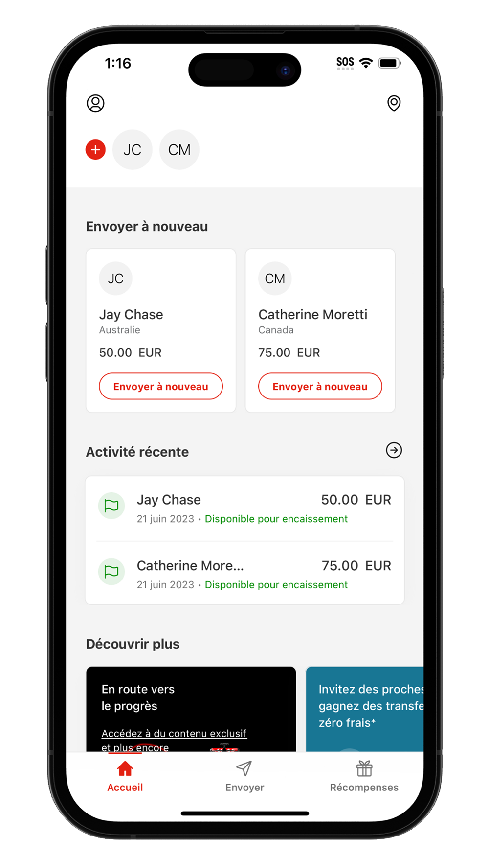 Image d'un téléphone portable avec l'application MoneyGram Money Transfers