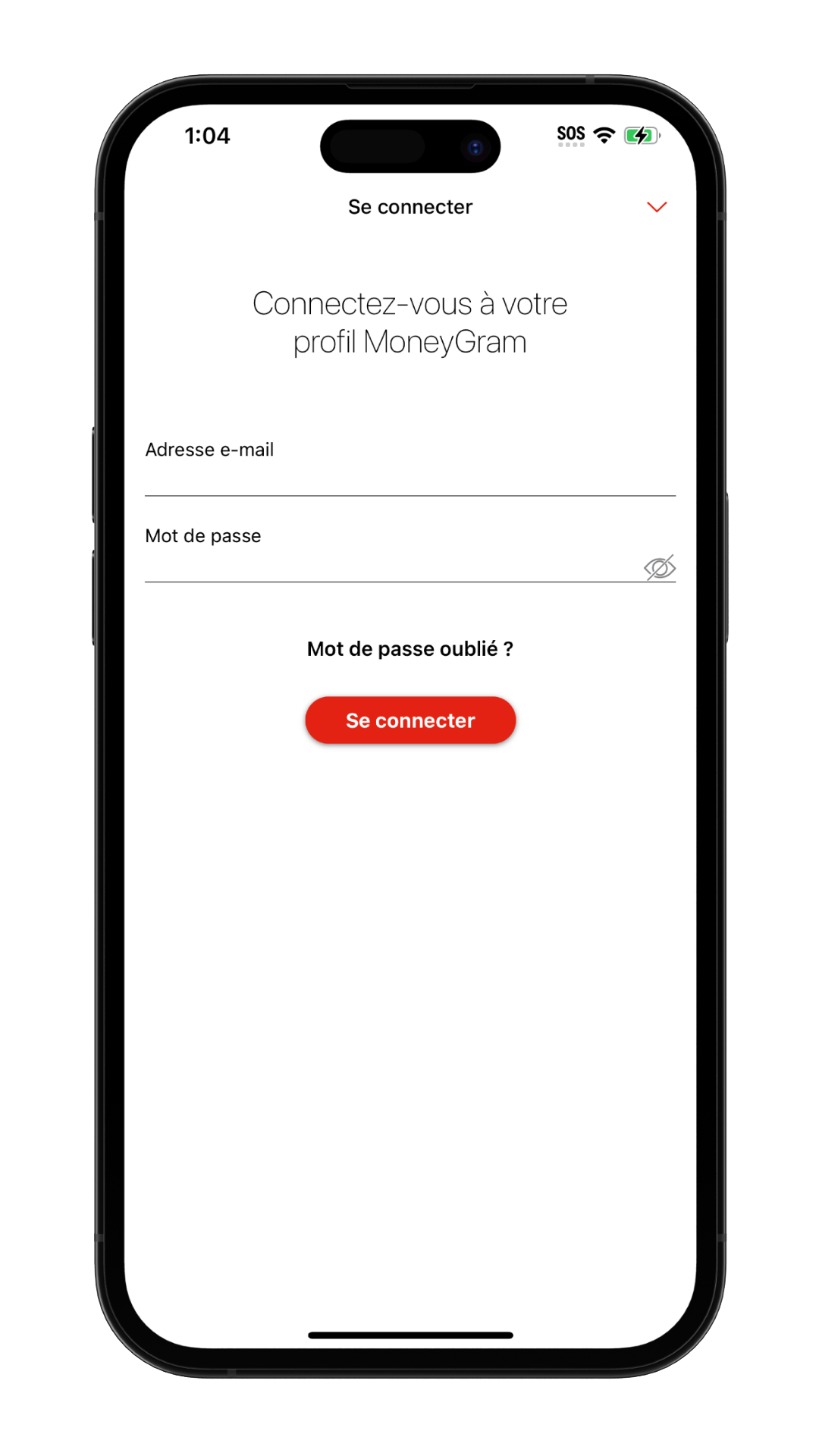 Écran de connexion à l'application MoneyGram Money Transfer