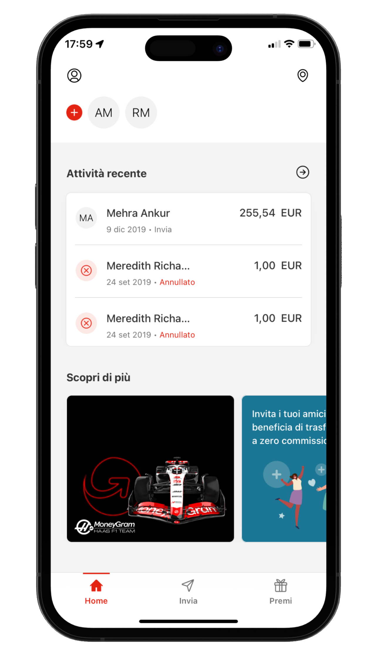 Immagine di un cellulare con l'app MoneyGram per i trasferimenti di denaro