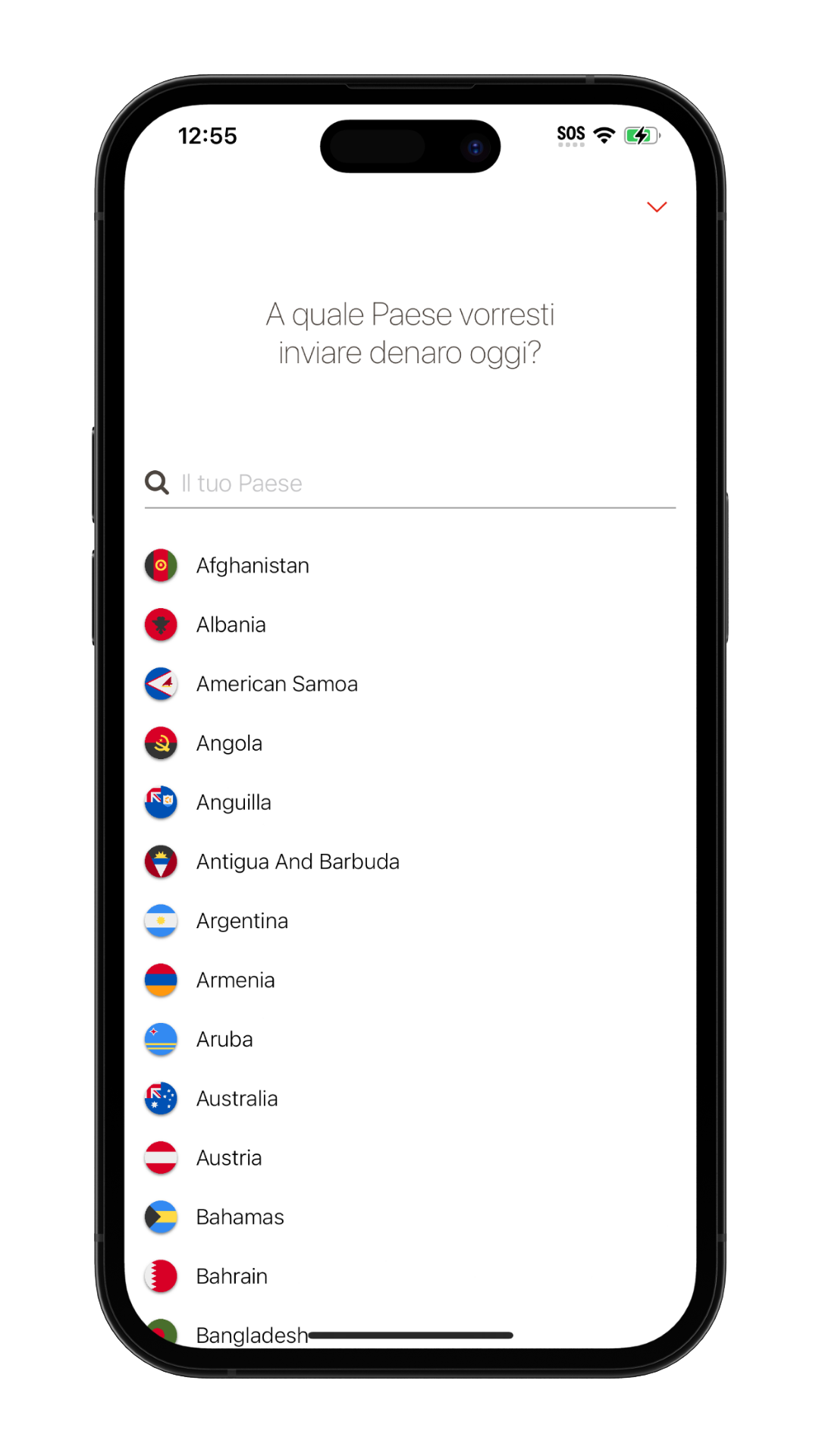 L'app MoneyGram seleziona l'immagine Invia al paese