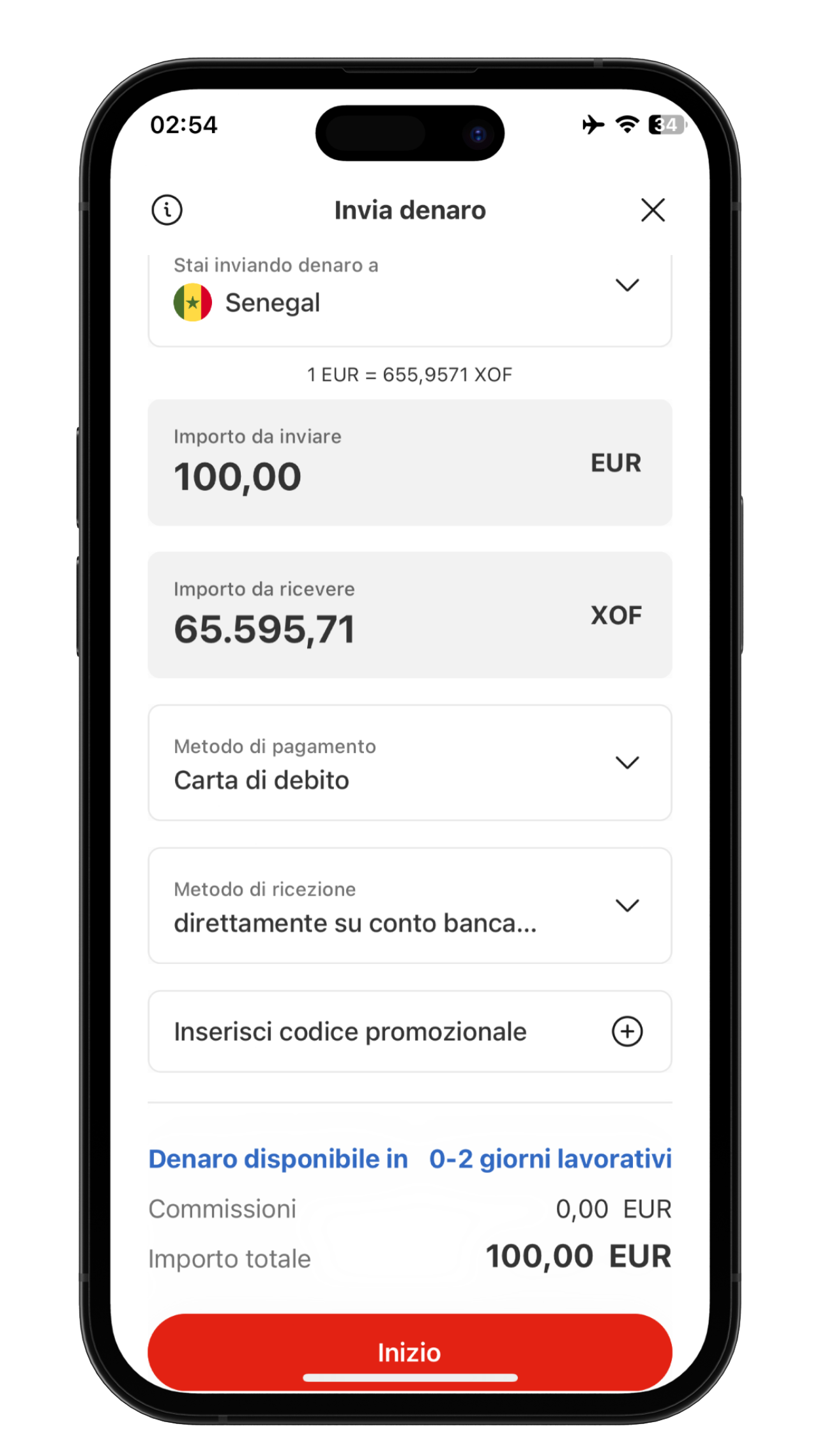 Schermata dell'app MoneyGram Money Transfer per inserire l'importo e inviare