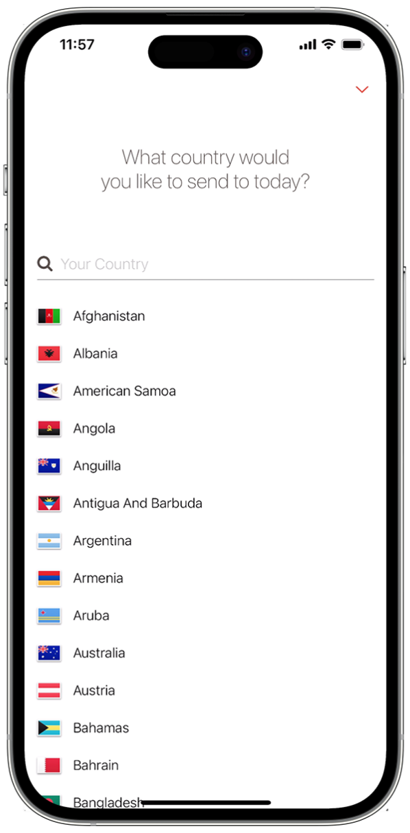 MoneyGram App select send to country image